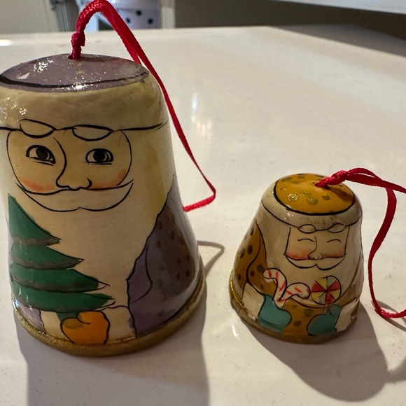 Hand Painted Wood Russian Santa Bell Bells Ornament Set of 2 Pair Artisan - Picture 3 of 3